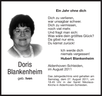 Traueranzeige von Doris Blankenheim von Super Sonntag / Super Mittwoch