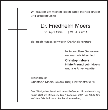 Traueranzeige von Dr. Friedhelm Moers von Aachener Zeitung / Aachener Nachrichten