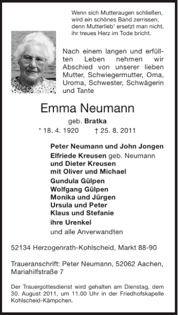 Traueranzeige von Emma Neumann von Super Sonntag / Super Mittwoch