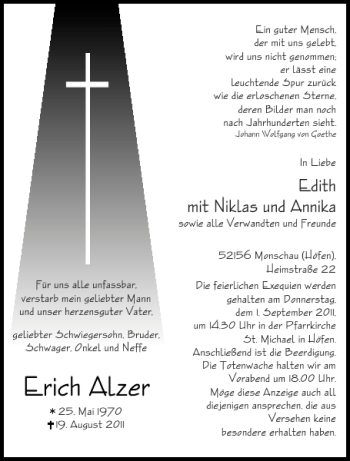 Traueranzeige von Erich Alzer von Aachener Zeitung / Aachener Nachrichten