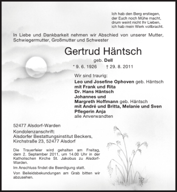 Traueranzeige von Gertrud Häntsch von Super Sonntag / Super Mittwoch