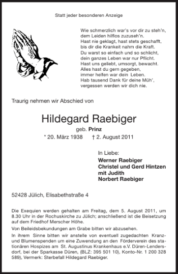 Traueranzeige von Hildegard Raebiger von Aachener Zeitung / Aachener Nachrichten