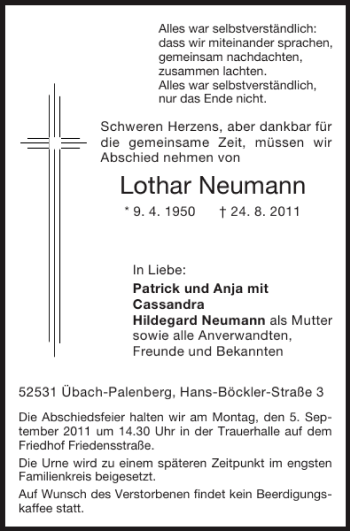 Traueranzeige von Lothar Neumann von Super Sonntag / Super Mittwoch