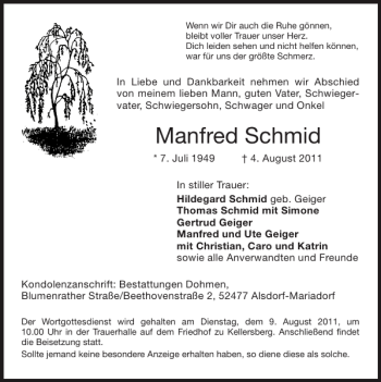 Traueranzeige von Manfred Schmid von Super Sonntag / Super Mittwoch