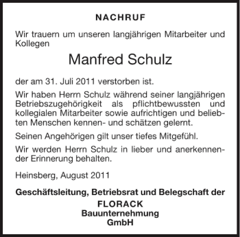 Traueranzeige von Manfred Schulz von Aachener Zeitung / Aachener Nachrichten