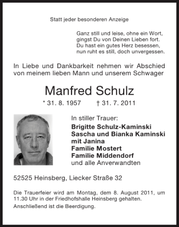 Traueranzeige von Manfred Schulz von Super Sonntag / Super Mittwoch