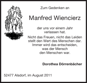 Traueranzeige von Manfred Wiencierz von Super Sonntag / Super Mittwoch