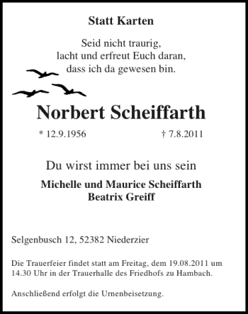 Traueranzeige von Norbert Scheiffarth von Super Sonntag / Super Mittwoch
