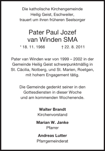 Traueranzeige von Pater Paul Jozef van Winden SMA  von Aachener Zeitung / Aachener Nachrichten