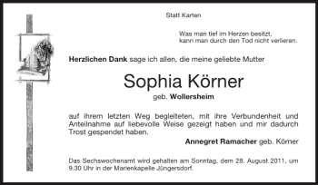 Traueranzeige von Sophia Körner von Super Sonntag / Super Mittwoch