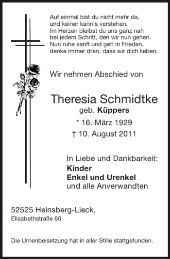 Traueranzeige von Theresia Schmidtke von Super Sonntag / Super Mittwoch