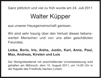 Traueranzeige von Walter Küpper von Aachener Zeitung / Aachener Nachrichten