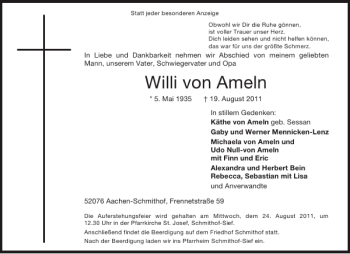 Traueranzeige von Willi von Ameln von Aachener Zeitung / Aachener Nachrichten