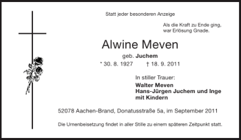 Traueranzeige von Alwine Meven von Aachener Zeitung / Aachener Nachrichten