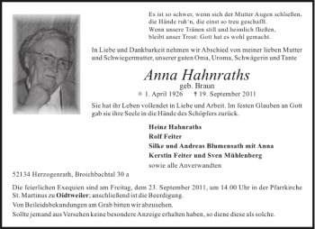 Traueranzeige von Anna Hahnraths von Aachener Zeitung / Aachener Nachrichten