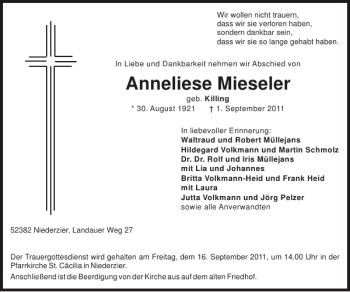 Traueranzeige von Anneliese Mieseler von Super Sonntag / Super Mittwoch