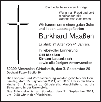 Traueranzeige von Burkhard Maaßen von Super Sonntag / Super Mittwoch