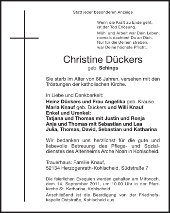 Traueranzeige von Christine Dückers von Super Sonntag / Super Mittwoch