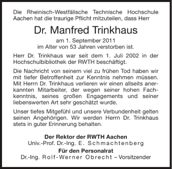 Traueranzeige von Dr. Manfred Trinkhaus von Aachener Zeitung / Aachener Nachrichten