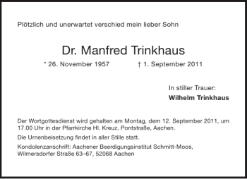 Traueranzeige von Dr. Manfred Trinkhaus von Aachener Zeitung / Aachener Nachrichten