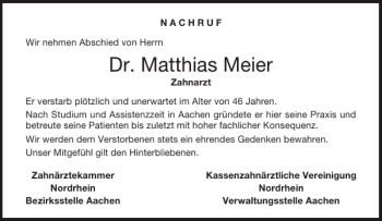 Traueranzeige von Dr. Matthias Meier von Aachener Zeitung / Aachener Nachrichten
