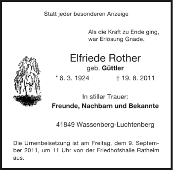 Traueranzeige von Elfriede Rother von Aachener Zeitung / Aachener Nachrichten