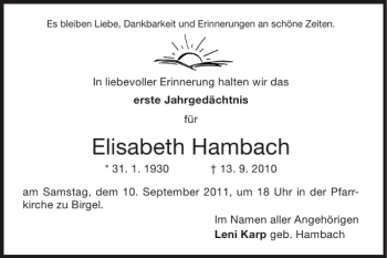 Traueranzeige von Elisabeth Hambach von Super Sonntag / Super Mittwoch