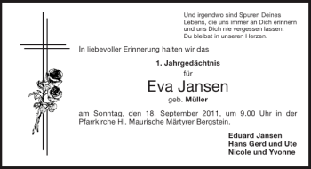 Traueranzeige von Eva Jansen von Aachener Zeitung / Aachener Nachrichten