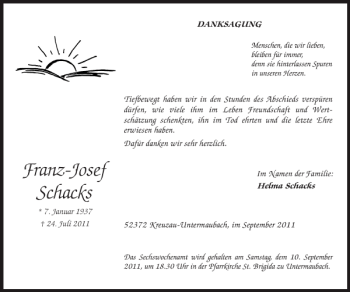 Traueranzeige von Franz-Josef Schacks von Super Sonntag / Super Mittwoch