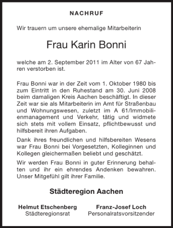 Traueranzeige von Frau Karin Bonni von Aachener Zeitung / Aachener Nachrichten