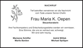Traueranzeige von Frau Maria K. Oepen von Aachener Zeitung / Aachener Nachrichten