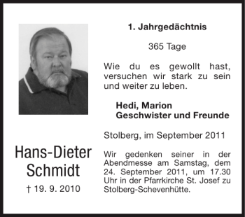 Traueranzeige von Hans-Dieter Schmidt von Super Sonntag / Super Mittwoch