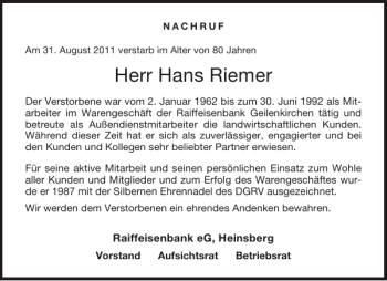 Traueranzeige von Hans Riemer von Aachener Zeitung / Aachener Nachrichten