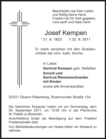 Traueranzeige von Josef Kempen von Aachener Zeitung / Aachener Nachrichten