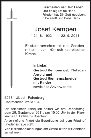 Traueranzeige von Josef Kempen von Super Sonntag / Super Mittwoch