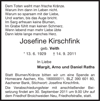 Traueranzeige von Josefine Kirschfink von Super Sonntag / Super Mittwoch