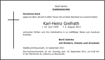 Traueranzeige von Karl-Heinz Grefrath von Aachener Zeitung / Aachener Nachrichten