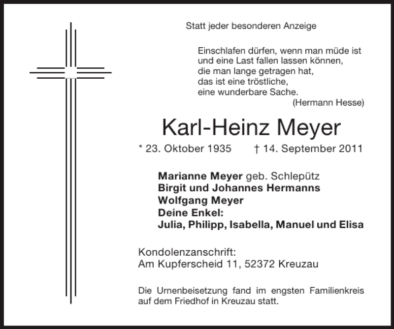  Traueranzeige für Karl-Heinz Meyer vom 25.09.2011 aus Super Sonntag / Super Mittwoch