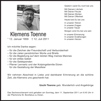 Traueranzeige von Klemens Toenne von Super Sonntag / Super Mittwoch