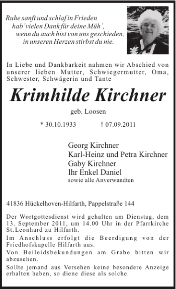 Traueranzeige von Krimhilde Kirchner von Super Sonntag / Super Mittwoch