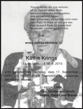 Traueranzeige von Käthe Krings von Aachener Zeitung / Aachener Nachrichten