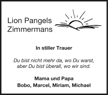 Traueranzeige von Lion Pangels Zimmermans von Super Sonntag / Super Mittwoch
