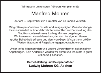 Traueranzeige von Manfred Mohren von Aachener Zeitung / Aachener Nachrichten