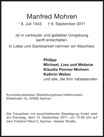 Traueranzeige von Manfred Mohren von Aachener Zeitung / Aachener Nachrichten