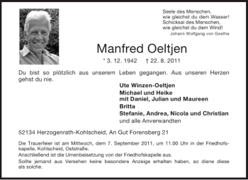 Traueranzeige von Manfred Oeltjen von Aachener Zeitung / Aachener Nachrichten