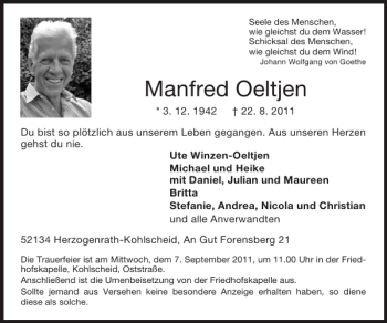 Traueranzeige von Manfred Oeltjen von Super Sonntag / Super Mittwoch