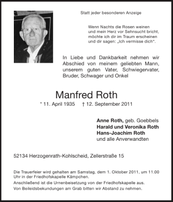 Traueranzeige von Manfred Roth von Super Sonntag / Super Mittwoch