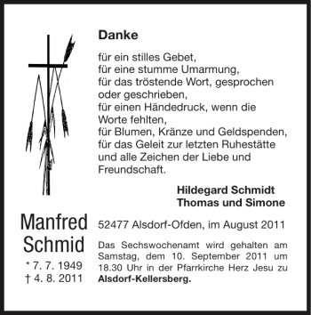 Traueranzeige von Manfred Schmid von Super Sonntag / Super Mittwoch