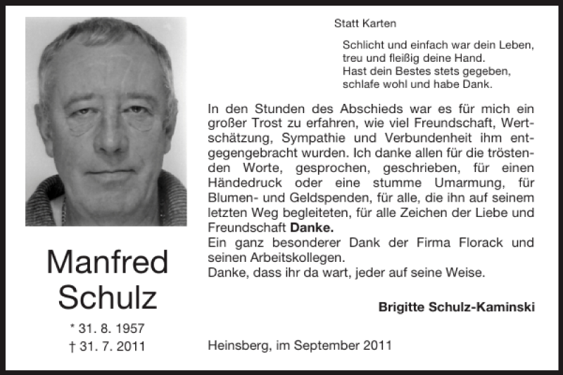  Traueranzeige für Manfred Schulz vom 04.09.2011 aus Super Sonntag / Super Mittwoch