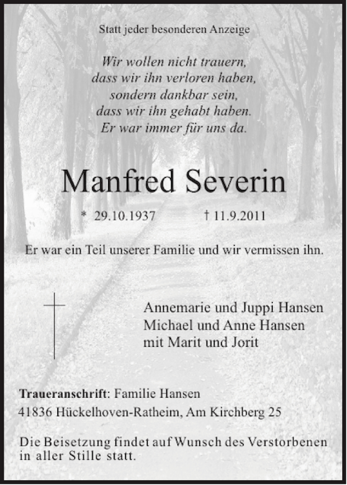  Traueranzeige für Manfred Severin vom 18.09.2011 aus Super Sonntag / Super Mittwoch